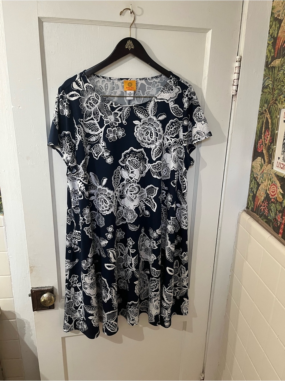 Ruby Rd Women’s 1X Dress Blue White Mono Floral Swing A-Line Short Sleeve EUC